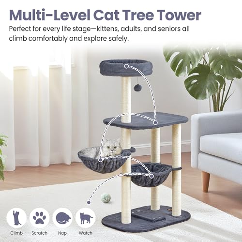 Small Cat Tree Tower with Lots of Scratching Posts - 42 Inch Medium Compact Cats Scratch House with Hammock Perch for Multi Level 2 Kitty - Indoor Corner Cat Bed Condo Climbing Gym Towers Furniture