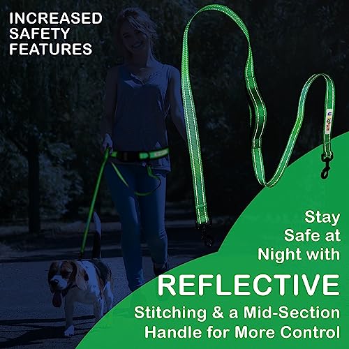 Hands-Free Leash for Small to Large Dogs 5ft - Heavy Duty Adjustable Waist Belt, Padded Handles, Reflective Stitching, Satin Carry Bag for Walking, Running, Hiking - color: Green
