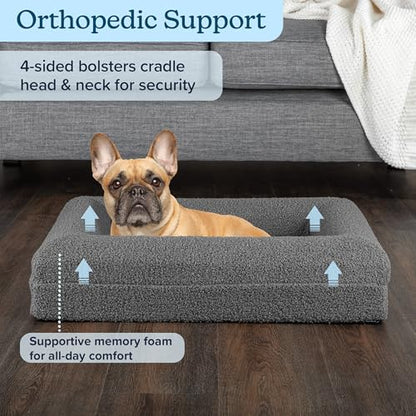 Orthopedic Dog Bed - 26x19 Inch Small Dog Bed with Supportive Bolster, Nonslip Bottom, and Removable Washable Cover - Memory Foam Cushion for Small Dogs and Cats - Pet Products by PETMAKER (Gray) - size: Small
