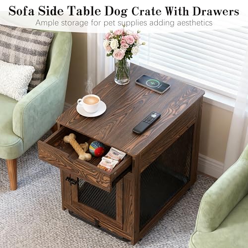Dog Crate Furniture,Wooden Dog Crate End Table with Storage Drawer&Cushion&Tray, QC3.0 Wireless Charging,Dual USB,Small Dogs Rustic Style - color: Rustic Brown, size: 25.0"L x 19.0"W x 24.0"H