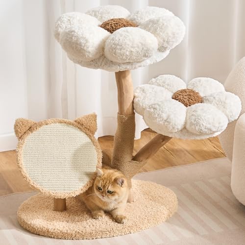 797Audio Natural Wood Flower Cat Tree, Modern Cat Tower with Real Solid Wood Branch, Luxury Aesthetic Cat Tree with Scratching Post, Scratch Pad, Cat Tree Tower for Indoor Large Adult Cats,Cloud White - color: White, size: Natural Wood