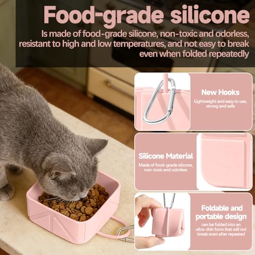 Collapsible Pet Bowls for Dogs and Cats, Portable Travel Silicone Foldable Dog Water Food Bowl with Carabiner 10.5x10.5x4.5cm - color: pink