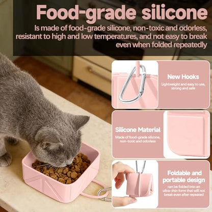 Collapsible Pet Bowls for Dogs and Cats, Portable Travel Silicone Foldable Dog Water Food Bowl with Carabiner 10.5x10.5x4.5cm - color: pink