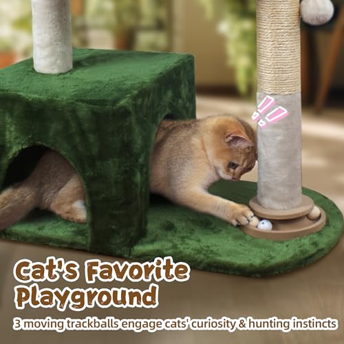 Fantasreen Cat Tree 38" Cat Tower with Large Hammock Metal, Cat Scratching Post for Indoor Cats with Condo, Cat Playground Track Balls and Bouncy Ball, Green and White