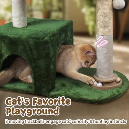 Fantasreen Cat Tree 38" Cat Tower with Large Hammock Metal, Cat Scratching Post for Indoor Cats with Condo, Cat Playground Track Balls and Bouncy Ball, Green and White