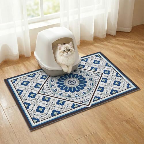 Bohemian Kitty Litter Mat 24"x17",Non-Slip Litter Box Mat, Washable Cat Litter Rug Catcher,Double-Layer Litter Trapping Mat for Scatter Control, Easy Clean Cat Food Mat & Floor Protector - color: Navy Blue, size: 24“ x 17”