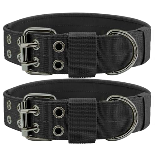Heavy Duty Dog Collar for Large Dogs, 2 PCS Tactical Dog Collars with Metal Buckle & D Ring, 1.5" Width Thick Adjustable Nylon Collar for Medium Dogs, Black/M - color: Black（2PCS）, size: Medium