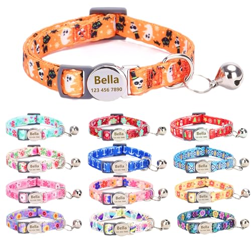 Custom Personalized Breakaway Halloween Kitten Cat Collar with ID Name Phone Number Tag Plate/Customized Engraved Floral Pattern Boy Girl Cat Kitten Collar with Bell-Halloween Style - color: Halloween Style