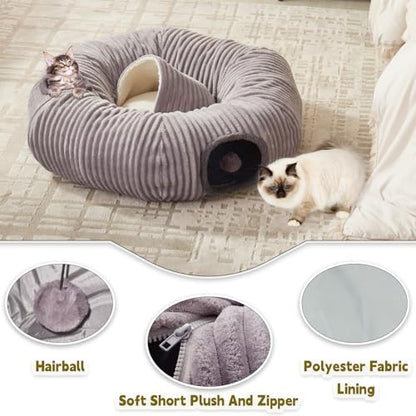 Large Cat Tunnel Bed for Indoor Cats,Cat Donut Tunnel Toy with Washable Circle Cushion,Blackout Tent, Multifunctional Playground Toys Hideplace for Kitty, Kitten, Rabbit,Ferret - size: 37.5"L x 37.5"W x 10"H