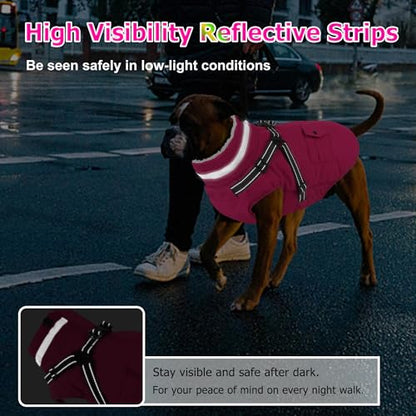 Dog Coat with Harness, Waterproof Warm Dog Winter Jacket with Pockets, Reflective Pet Fleece Jacket Turtleneck Snowsuit for Small Medium Large Dogs - Pink, L - color: Pink, size: Large(Chest:24.8" Back:16.9" Neck:17.7")