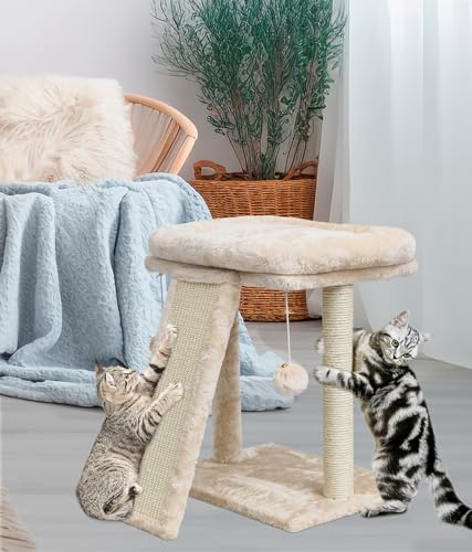 SYANDLVY Small Cat Tree with Scratching Post, Cat Scratching Board with Perch, Cat Post Scratcher for Indoor Cats, 2 Dangling Balls Great for Kittens (Beige) - color: Beige
