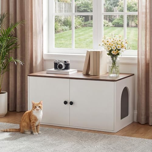 HOOBRO Cat Litter Box Enclosure, Hidden Litter Box Furniture with Side Entry, Litter Box Cabinet, Indoor Cat House, End Side Table, 31.5" L x 17.7" W x 16.3H, for Bathroom, White and Walnut WH40MW01 - color: White + Walnut