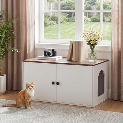 HOOBRO Cat Litter Box Enclosure, Hidden Litter Box Furniture with Side Entry, Litter Box Cabinet, Indoor Cat House, End Side Table, 31.5" L x 17.7" W x 16.3H, for Bathroom, White and Walnut WH40MW01 - color: White + Walnut