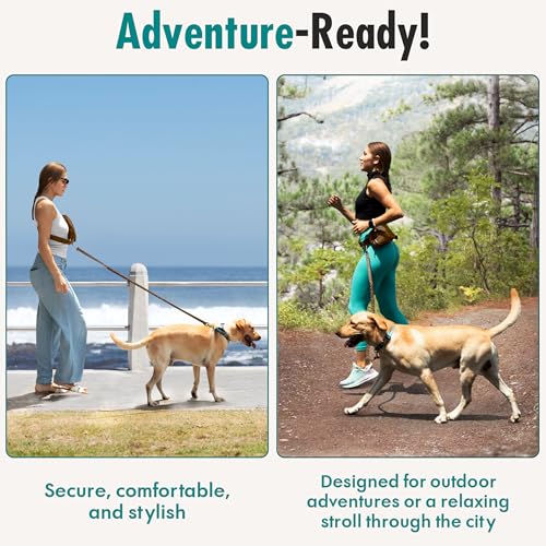Hands Free Dog Leash with Dog Treat Pouch - Stylish & Trendy Waist Leash for Dog Walking - Wear Around the Waist or Crossbody - Durable & Detachable - Shock Absorbing - Waste Bag Dispenser - color: Caramel