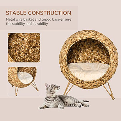PawHut 20.5" Weaved Cat Bed, Elevated Hand-Woven Braided Banana Leaf Kitten House Condo with Cushion, Natural - color: Natural