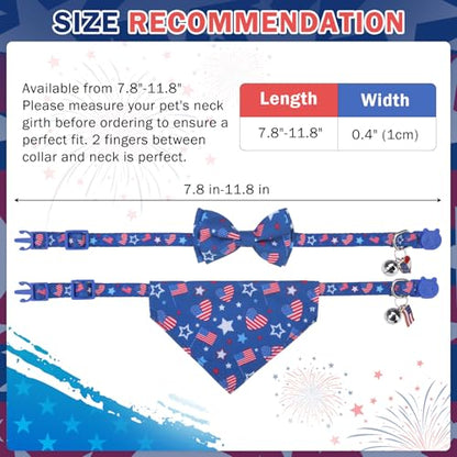 SCENEREAL Independence Cat Collar with Bells, 2 Pack Breakaway Cat Collars with Removable Bowtie Bandana, Adjustable Cute Kitten Collar for Pet Small Dogs Boys Girls - color: Bandanas & Bow (Independence Day - Dark Blue)