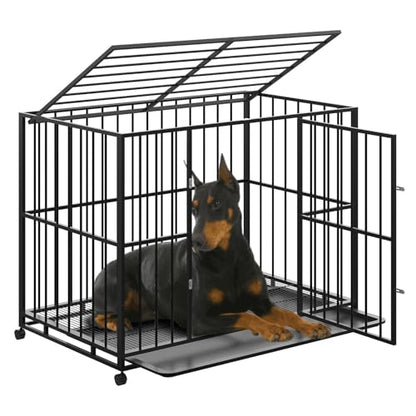 48 Inch Dog Crate for Large Sized Dogs, Heavy Duty Stainless Steel Indoor Kennel Escape Proof with Wheels and Removable Tray, Extra Large XL XXL Indestructible Dog Cage Stackable for High Anxiety Dogs - size: 48 inch