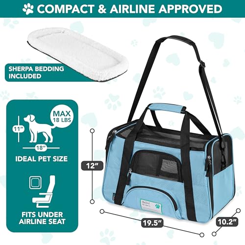 PetAmi Airline Approved Pet Carrier for Cats & Small Dogs, Soft Sided TSA Travel Carrier Bag with Sherpa Bed, Breathable Mesh Ventilation, Collapsible Bowl, Fits Under Seat, Up to 18 lbs, Large Blue - color: Light Blue, size: Large - 19.5"L x 10.2"W x 12"