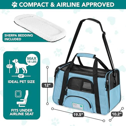 PetAmi Airline Approved Pet Carrier for Cats & Small Dogs, Soft Sided TSA Travel Carrier Bag with Sherpa Bed, Breathable Mesh Ventilation, Collapsible Bowl, Fits Under Seat, Up to 18 lbs, Large Blue - color: Light Blue, size: Large - 19.5"L x 10.2"W x 12"