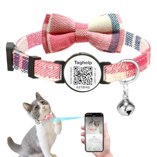Personalized Cat Collar with smart ID Tag,Breakaway Cat Collar with Bells,Bow Tie Cat Collar with On ID Tags for Boys and Girls Safety Plaid Kitten Collars with QR ID Tag for Cats (Pink) - color: Pink