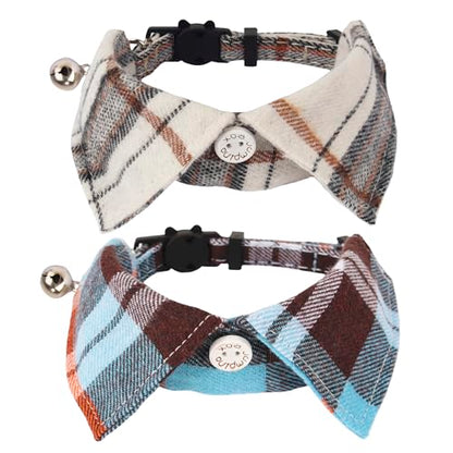 ADOGGYGO Cat Collar Breakaway with Bowtie Bell, Removable Shirt Collar, 2 Pack Beige Blue Plaid Collars for Cat Kitten - color: Beige&Blue-3