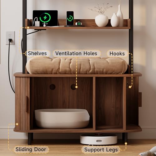ONBRILL 54 Inch Hidden Litter Box Furniture with Shelves and Outlets,Fluted Cat Litter Box Enclosure, Mid-Century Modern Wooden Cat House with Sliding Tambour Door and Hooks, Walnut - color: Walnut