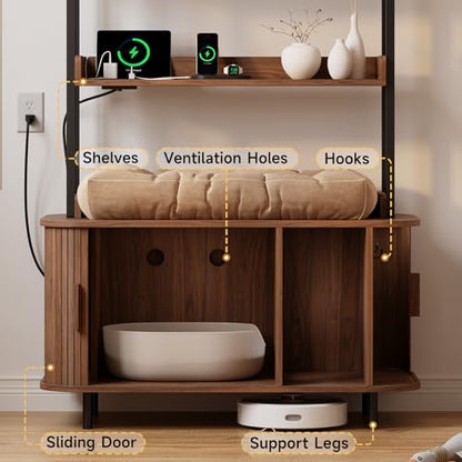 ONBRILL 54 Inch Hidden Litter Box Furniture with Shelves and Outlets,Fluted Cat Litter Box Enclosure, Mid-Century Modern Wooden Cat House with Sliding Tambour Door and Hooks, Walnut - color: Walnut