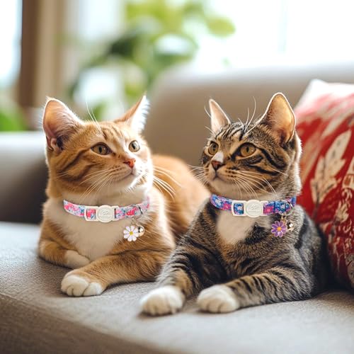 2 Pack Floral Cat Collars - Spring Summer Wildflower Breakaway Safety Cat Collars, Adjustable Soft Boy Girl Kitten Collar for Small Dogs Puppy, Cute Pet Collar with Bell & Pendant - color: Floral