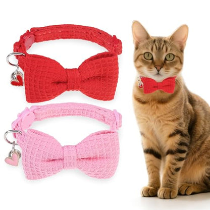 Cat Collar Breakaway with Bells, Soft Cotton Pink Cat Bowtie Collar for Girl Cats, Small Cats Collar with Bow for Spring Summer, 2 Pack Cute Kitten Collars with Removable Bowtie 8-12Inch - color: Red + Pink