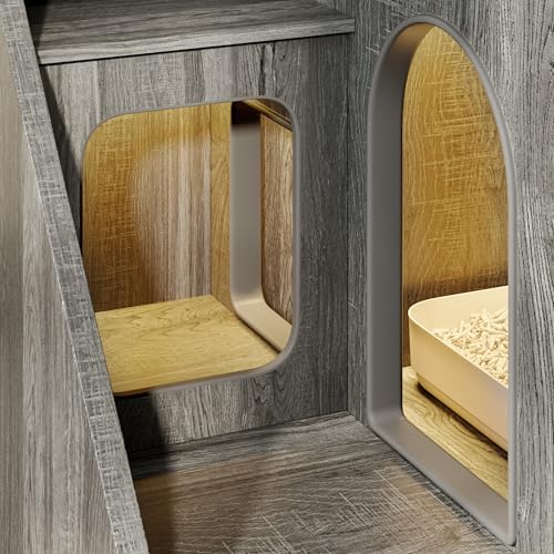 Merax Cat Litter Box Enclosure Furniture with Light,Hideaway Litter Box Furniture with 2 Storage Drawers for Living Room,Gray - color: Grey