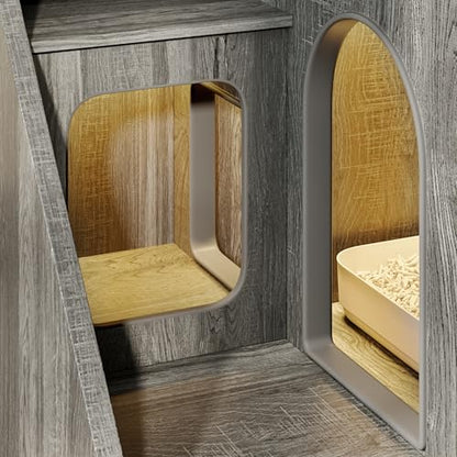 Merax Cat Litter Box Enclosure Furniture with Light,Hideaway Litter Box Furniture with 2 Storage Drawers for Living Room,Gray - color: Grey