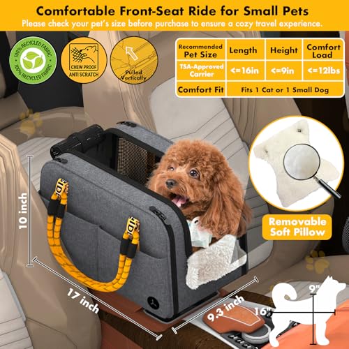 PAWZIDEA Center Console Dog Car Seat, Enclosed Small Dog Armrest Booster Carseat, Secure Straps &Anti Slip, Portable TSA Approved Puppy Pet Carrier Soft-Sided, Removable Pillow Storage Pocket, up 12lb - color: Mid-Hemp Grey