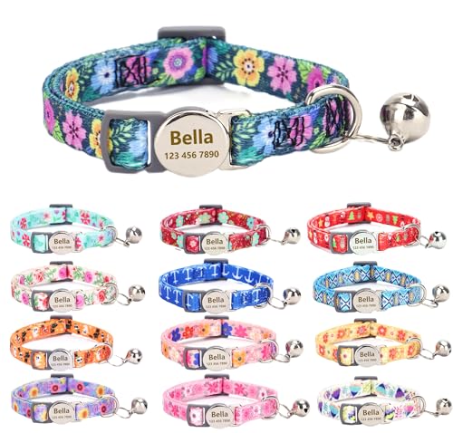 Custom Personalized Breakaway Christmas Kitten Cat Collar with ID Name Phone Number Tag Plate/Customized Engraved Floral Pattern Boy Girl Cat Kitten Collar with Bell-Dark Flower - color: Dark Flower