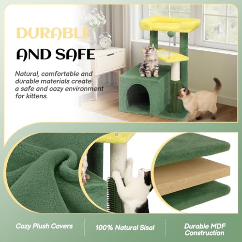 Outvita Cat Tree 27.5in Small Cat Tower, Multi-Level Cat Tree Tower with Cat Scratching Post and Pad, Cozy Cat Condo, Padded Top Bed for Kittens and Indoor Cats, Yellow & Green - size: 27.5" Yellow & Green