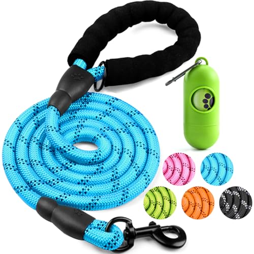Dog Leash 6 FT Heavy Duty - Comfortable Padded Handle - 1/2 inch Reflective Dog Leash for Medium Large Dogs with Poo Bag Dispenser - color: 1 Pack D-Blue, size: 1/2"x 6 FT (18~120 lbs.)