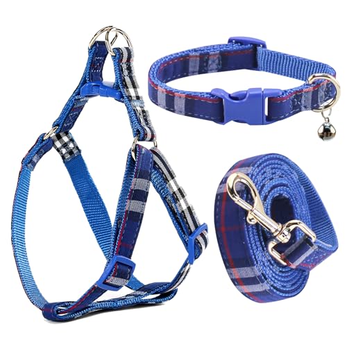 Cute Plaid Dog Collar Harness and Leash with Safety Buckle - Adjustable and No Pull Comfortable Dog Collars for Small Puppy, Stylish Durable Gift for Boy Girl Pets - color: blue-03, size: S