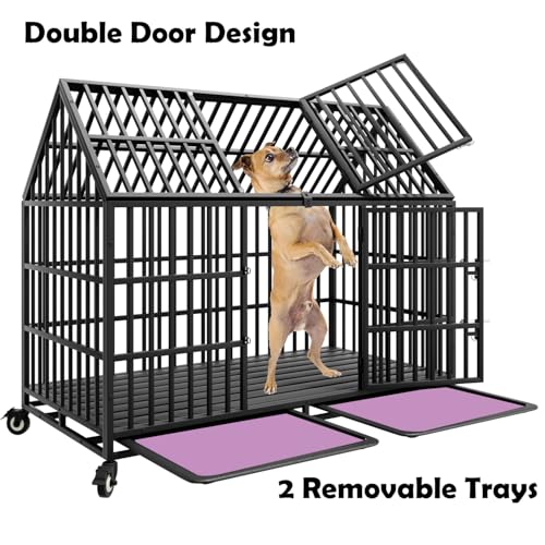 54 inch Heavy Duty Indestructible Dog Crate with 2 Bowls, Escape Proof Double Door Dog Kennel for Large Giant Dogs with Wheels and Trays, High Anxiety Extra Large Dog Cage Indoor Outdoor, XL XXL - size: 53.9"L x 29.7"W x 46.1"H