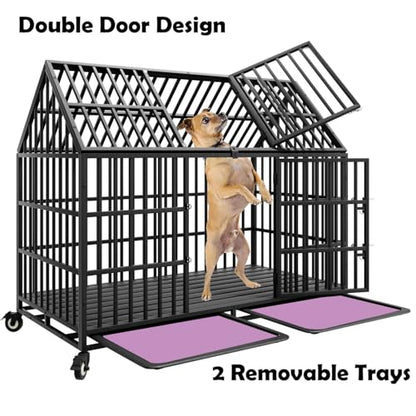 54 inch Heavy Duty Indestructible Dog Crate with 2 Bowls, Escape Proof Double Door Dog Kennel for Large Giant Dogs with Wheels and Trays, High Anxiety Extra Large Dog Cage Indoor Outdoor, XL XXL - size: 53.9"L x 29.7"W x 46.1"H