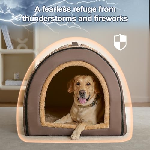 Jiupety 2 in 1 Dog House Indoor, Comfy Cave Bed Covered Dog Bed, Portable House for Large Dogs, 3XL(39"×32"×28"), Up to 90 Lb, Brown - style: 3XL