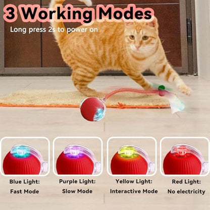 Speedy 2.0 Tail Interactive Cat Toys for Indoor Cats, Automatic Cat Toy with Elastic Mesh Tail, Electric Rolling Ball on Carpet, Chirping and Motion Activate Cat (Red) - color: Red