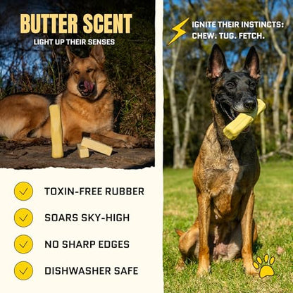 Virtually Indestructible Stick Dog Toy - Lifetime Replacement - Tough Durable Chew Toy for Aggressive Chewers - Safe Non-Toxic Natural Rubber - Chew & Fetch - Med/Large, 8”x2” - Butter Scent