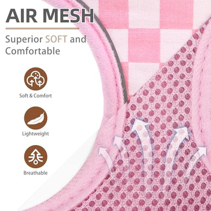 PUPTECK Soft Mesh Dog Harness and Leash Set Pet Puppy Cat Comfort Padded Vest No Pull Harnesses, Checkered Pink&White, XS - color: Checkered Pink&White, size: XS (NECK: 10", CHEST: 10"-14")