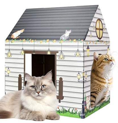 Cardboard Cat House with Scratcher 16"x 13"x19" Cat Scratch House for Indoor Cats’ Birthday Large Cat Scratcher Box