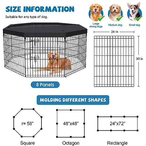 Dog Pen Pet Playpen Dog Fence Indoor Foldable Metal Wire Exercise Puppy Play Yard Pet Enclosure Indoor Outdoor 8 Panels 30 Inch with Bottom Pad/Top Cover(Black 30 top Cover) - style: Playpen + top cover