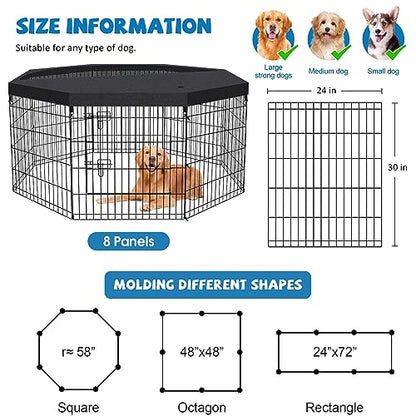 Dog Pen Pet Playpen Dog Fence Indoor Foldable Metal Wire Exercise Puppy Play Yard Pet Enclosure Indoor Outdoor 8 Panels 30 Inch with Bottom Pad/Top Cover(Black 30 top Cover) - style: Playpen + top cover