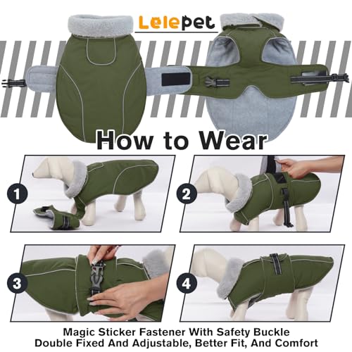 Lelepet Warm Dog Coat Reflective Fleece Vest Waterproof Dog Jacket with Adjustable Buckle Hook & Loop Windproof Cold Weather Coats for Small Medium Large Dogs, Army Green, M - color: Army Green, size: M
