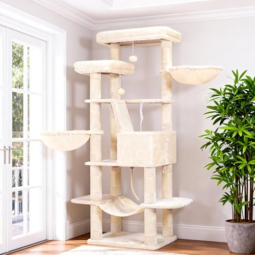 Heybly Cat Tree, 68 inch Multi-Level Cat Tower for Indoor Cats, 2 Widened Plush Perches Cat Condo with Scratching Board and Big Caves, Beige HCT025M - color: Beige, size: 68 inch