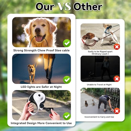 26ft Heavy Duty Retractable Dog Leash for Large Dogs, Dog Leash with Poop Bag Holder, Up to 100lbs, With LED Light, Chew Proof Cable, One-Handed Pause & Lock, 360° No Tangle. (White+, 26Ft) - color: White+