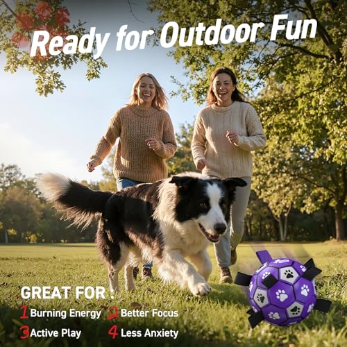 QDAN Dog Toys Soccer Ball with Straps - Dog Water Toy, Puppy Birthday Gifts, Durable Dog Balls for Small Medium Dogs （6 Inch） - color: Purple White, size: 6 Inch