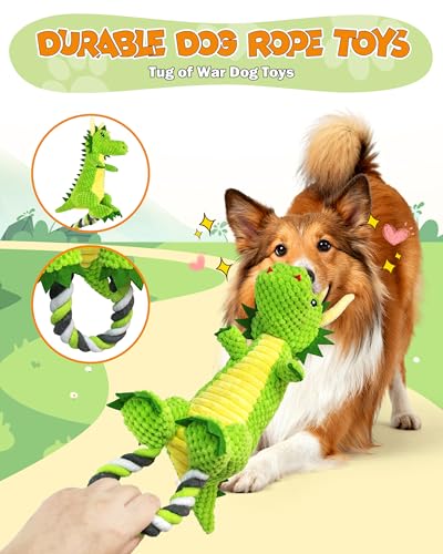 Jeefome Interactive Squeaky Dog Chew Toy,Plush Dog Rope Toys for Small Medium and Large Dogs,Tug of War Dog Toys to Keep Them Busy,Training Reward Gift,Teeth Cleanin - style: Dinosaur